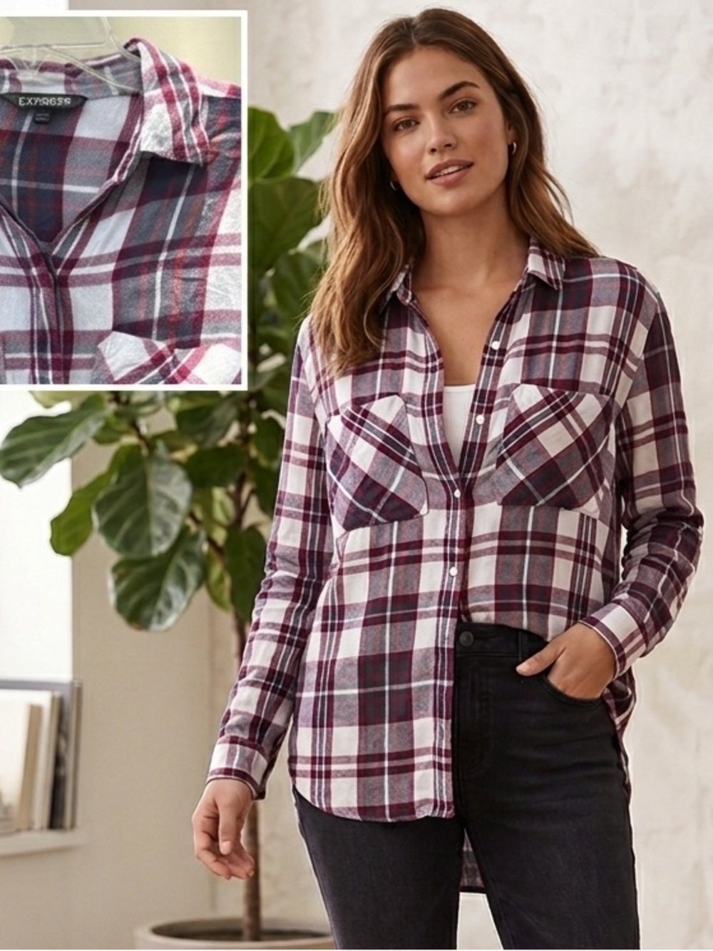 Express White, Red & Navy Plaid Button-Front Shirt